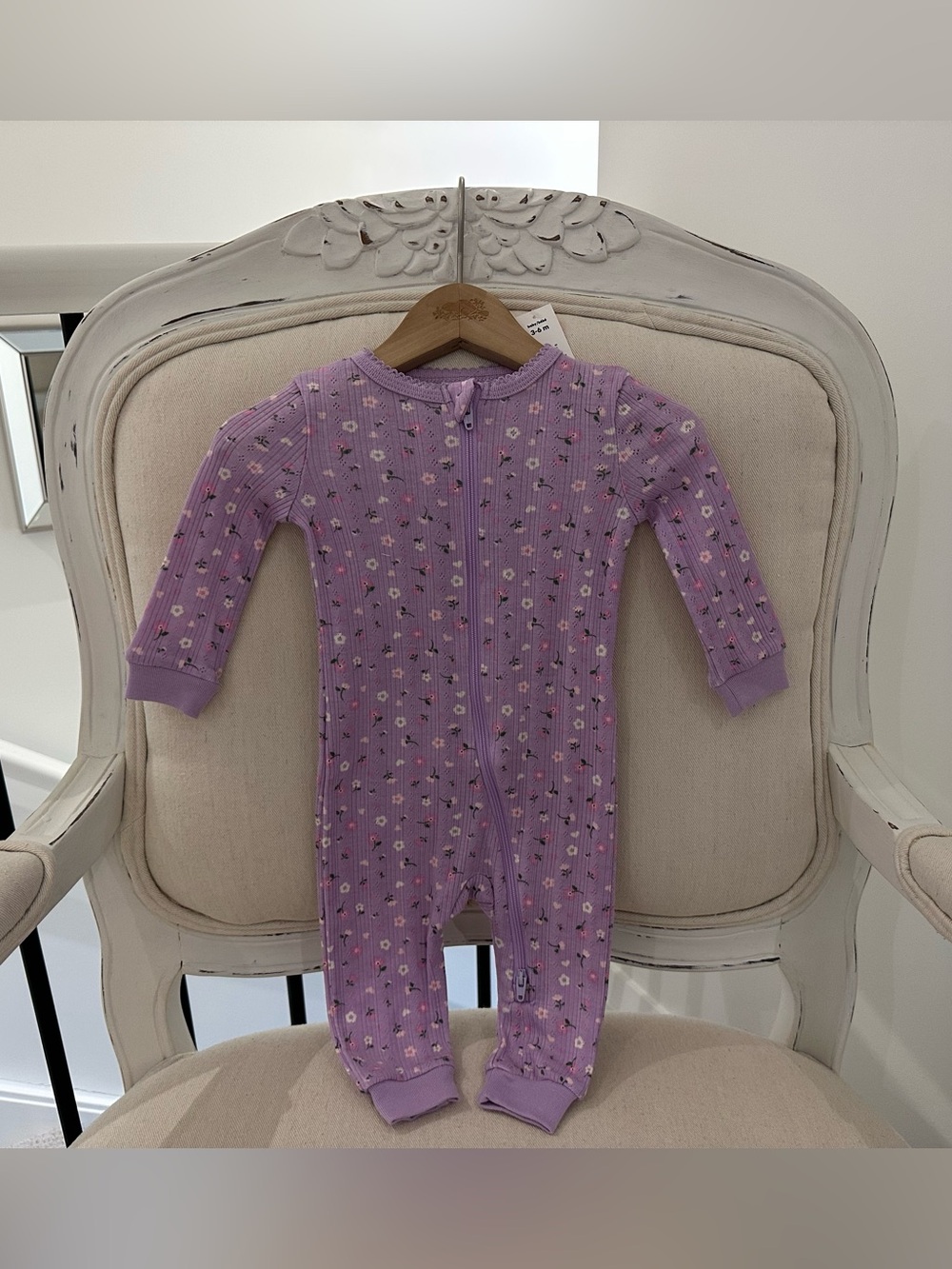 🤍 3~6 Mth Lilac Floral Hearts Zip-Front Kids One-Piece Cotton Pointelle Knit NWT